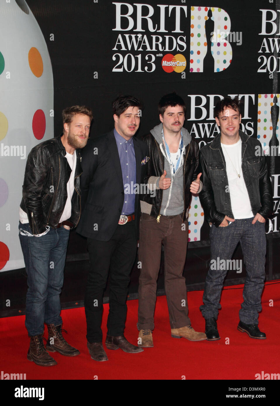 London, UK. 20th February 2013. Mumford and Son at the The 2013 Brit Awards at the O2 Arena, London - February 20th 2013  Photo by Keith Mayhew/ Alamy Live News Stock Photo