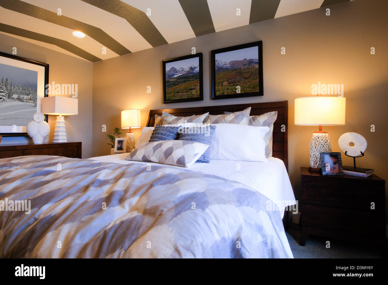 Modern master bedroom with large pictures and custom painted ceiling