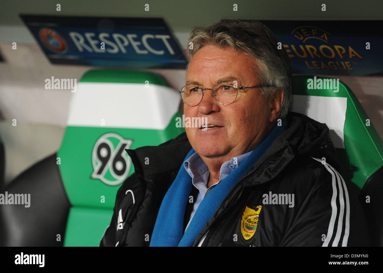 Makhachkala's head coach Guus Hiddink gestures during the UEFA Europa League round of 32 second leg soccer match between Hanover 96 and FC Anzhi Makhachkala at Hannover Arena in Hanover, Germany, 21 February 2013. Photo: Peter Steffen/dpa Stock Photo