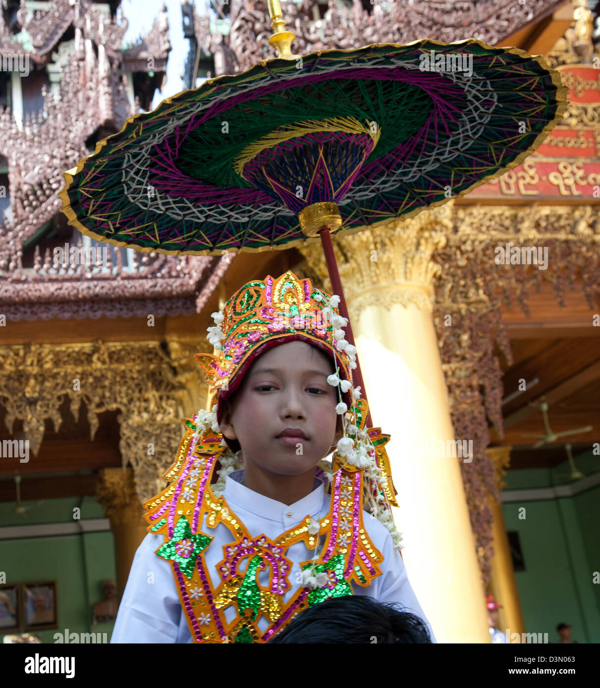 Novice Monk Ceremony at the Shwedagon Pagoda, Yangon Stock Photo