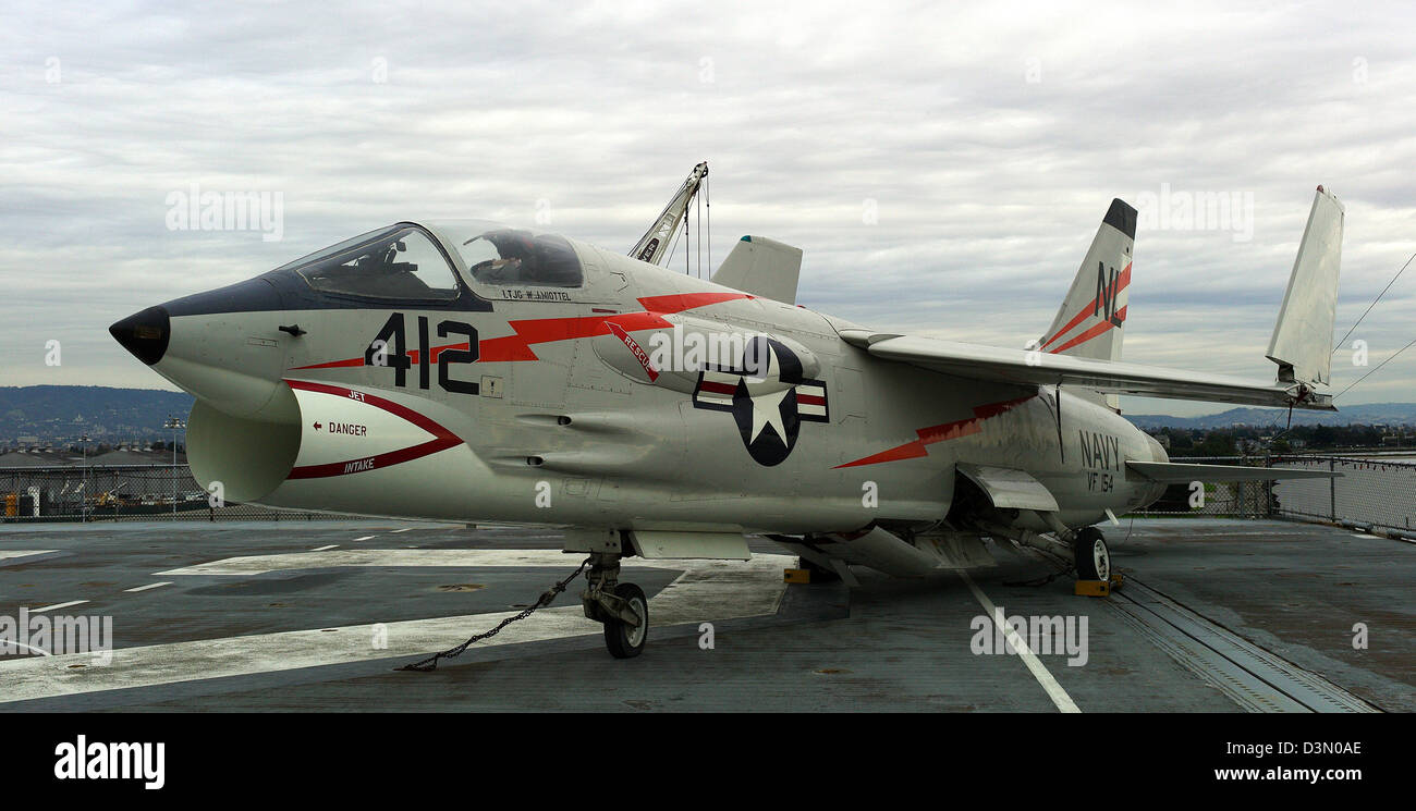 Chance Vought F-8 Crusader US Jet Aircraft aboard USS Hornet flight deck Stock Photo