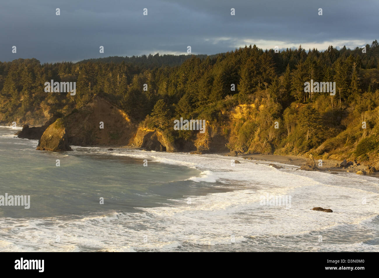 Ocean, Rock, Trees, Northern CA, Humboldt County, Trinidad CA Stock Photo