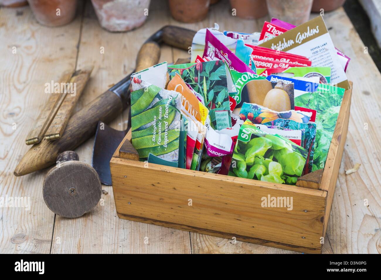 Potting Bench Springtime Still Life With Seed Packet Box And Stock