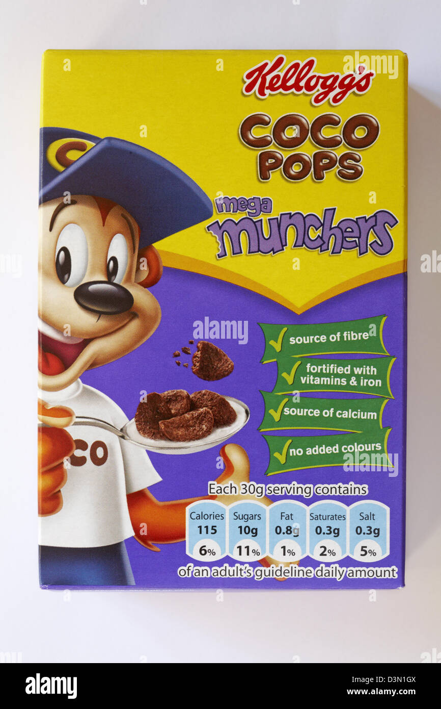 box of Kellogg's Coco Pops mega munchers cereals isolated on white  background - Kelloggs cereal Kellogs cereal Kellogg cereal Stock Photo -  Alamy