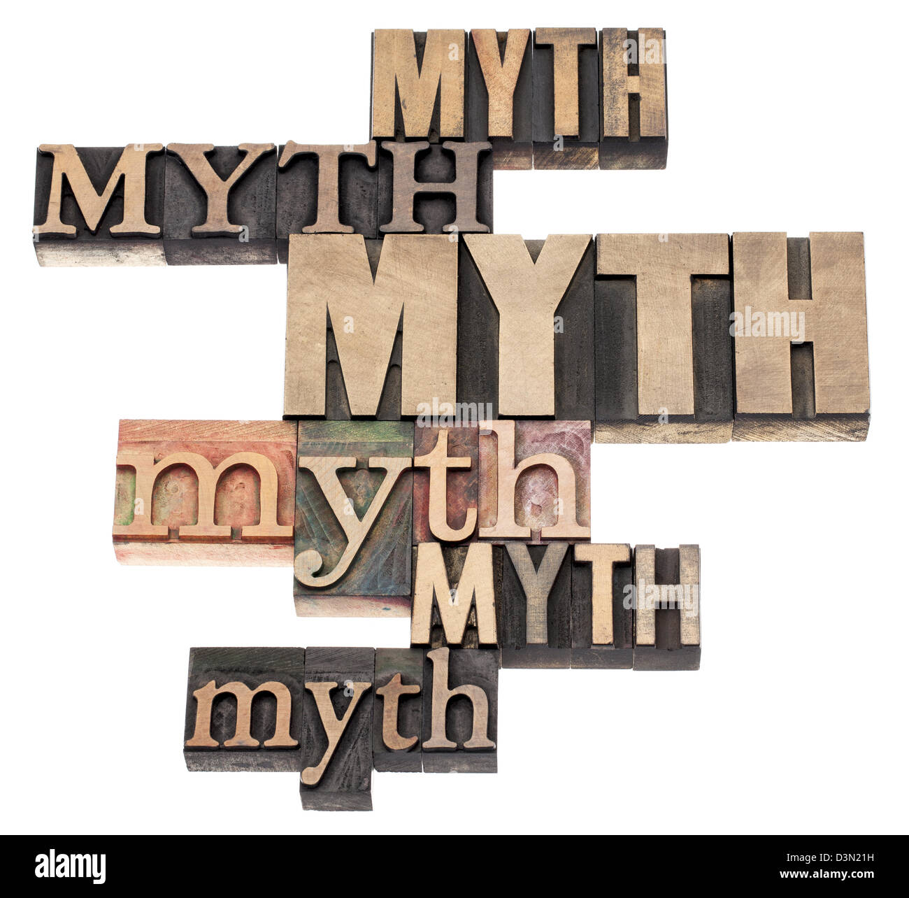 myth word abstract - isolated text in a variety of vintage letterpress wood type printing blocks Stock Photo