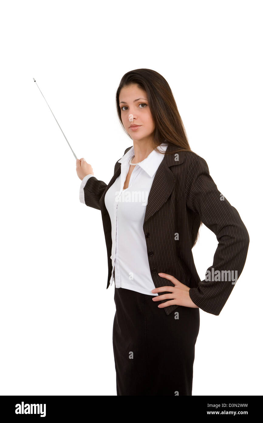 woman with pointer giving presentation on white background Stock Photo