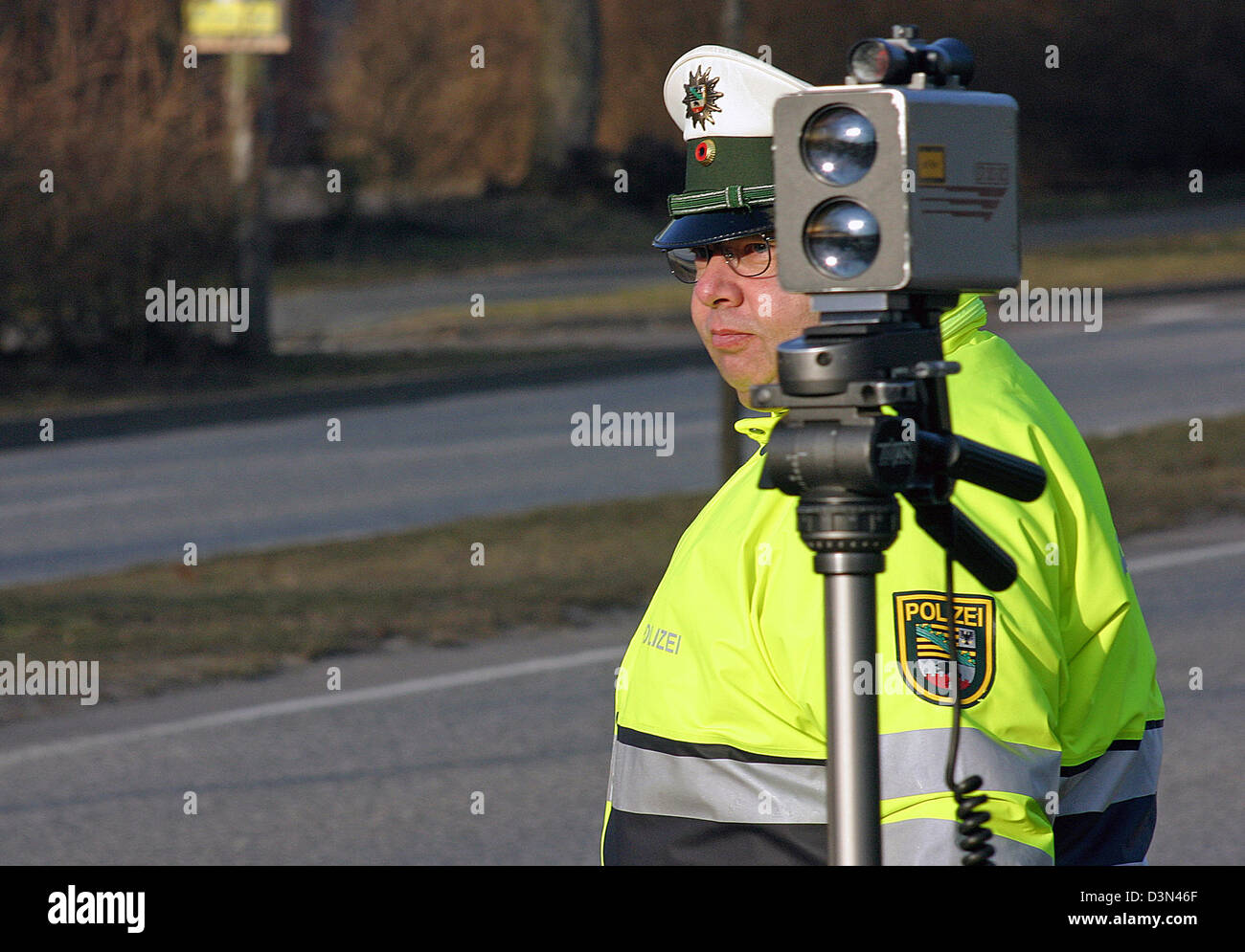 Magdeburg, Germany, traffic policeman executed by a radar control Stock Photo
