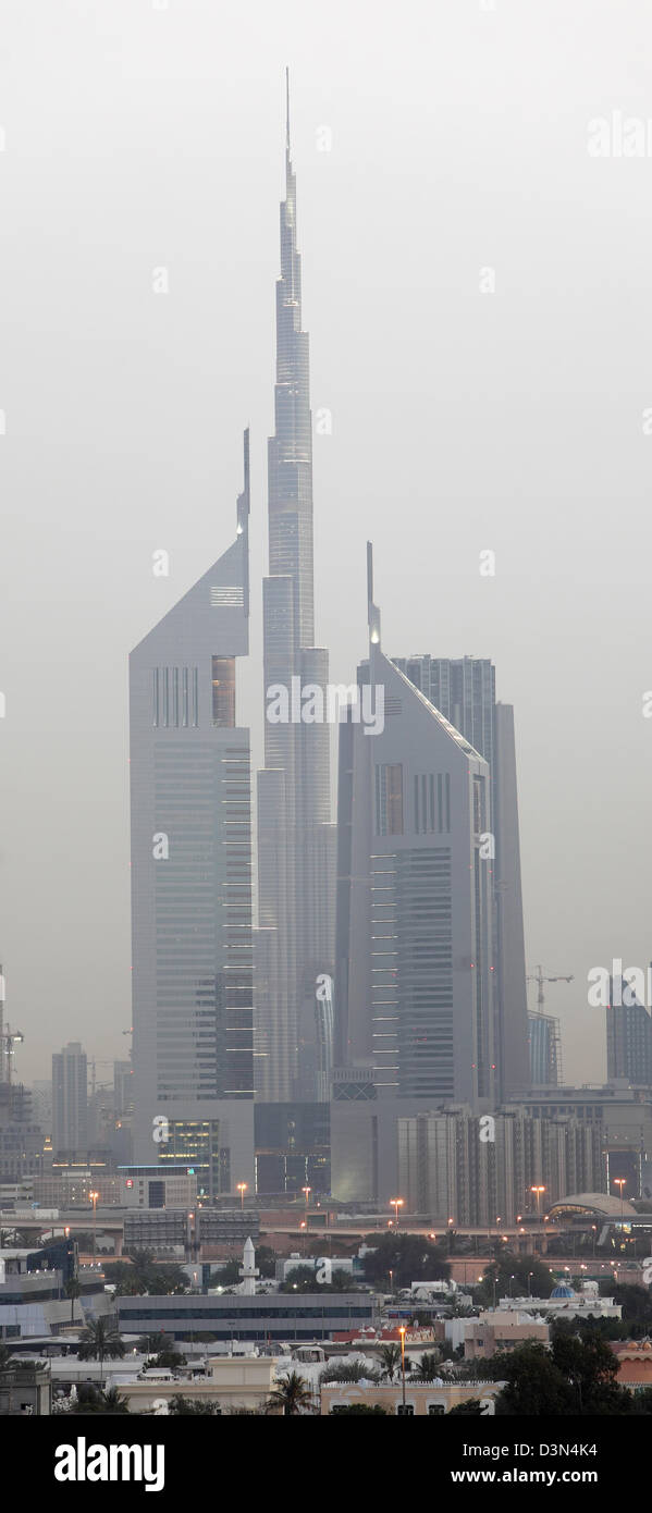 Dubai, United Arab Emirates, overlooking the Burj Khalifa (center) and the Emirates Towers Stock Photo