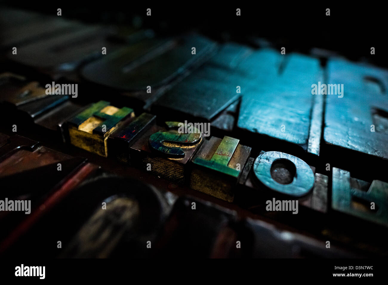 Letterpress types, made of wood, placed in a tray in the vintage print shop in Cali, Colombia. Stock Photo