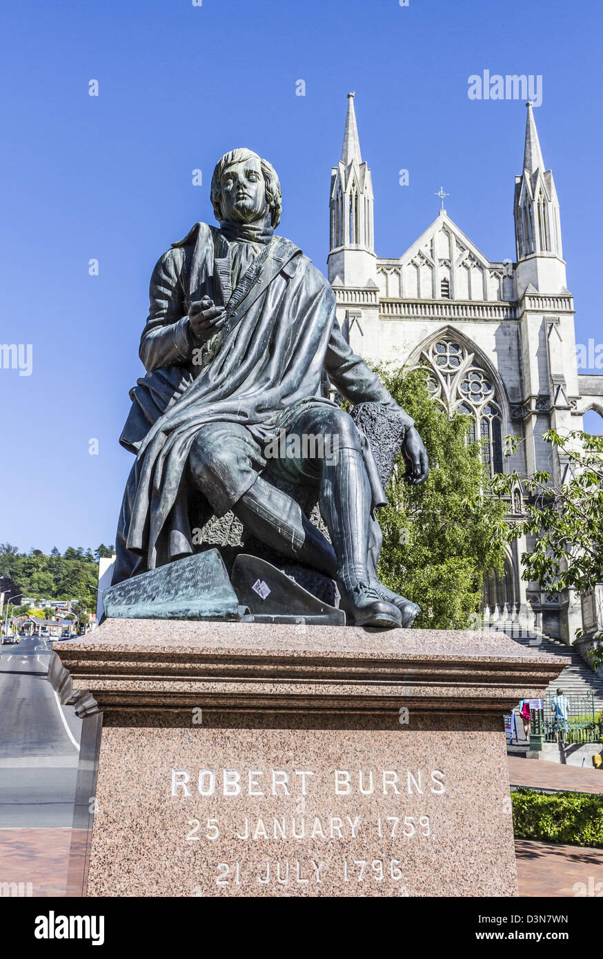 Robert Burns Statue and St Pauls Cathedral, Dunedin, New Zealand Stock