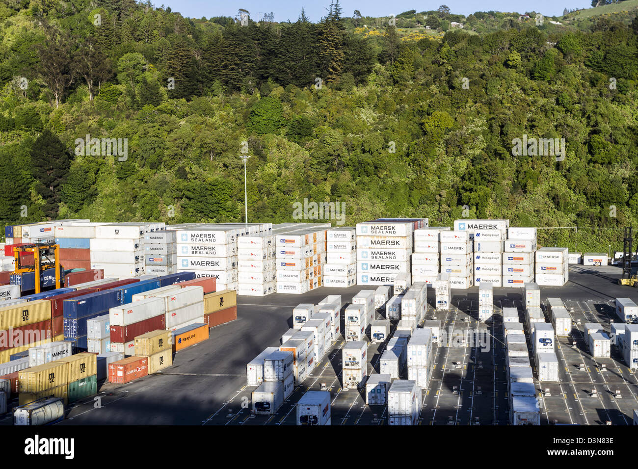 Shipping Containers stacked at Port Chalmers, Otago Harbour, Dunedin