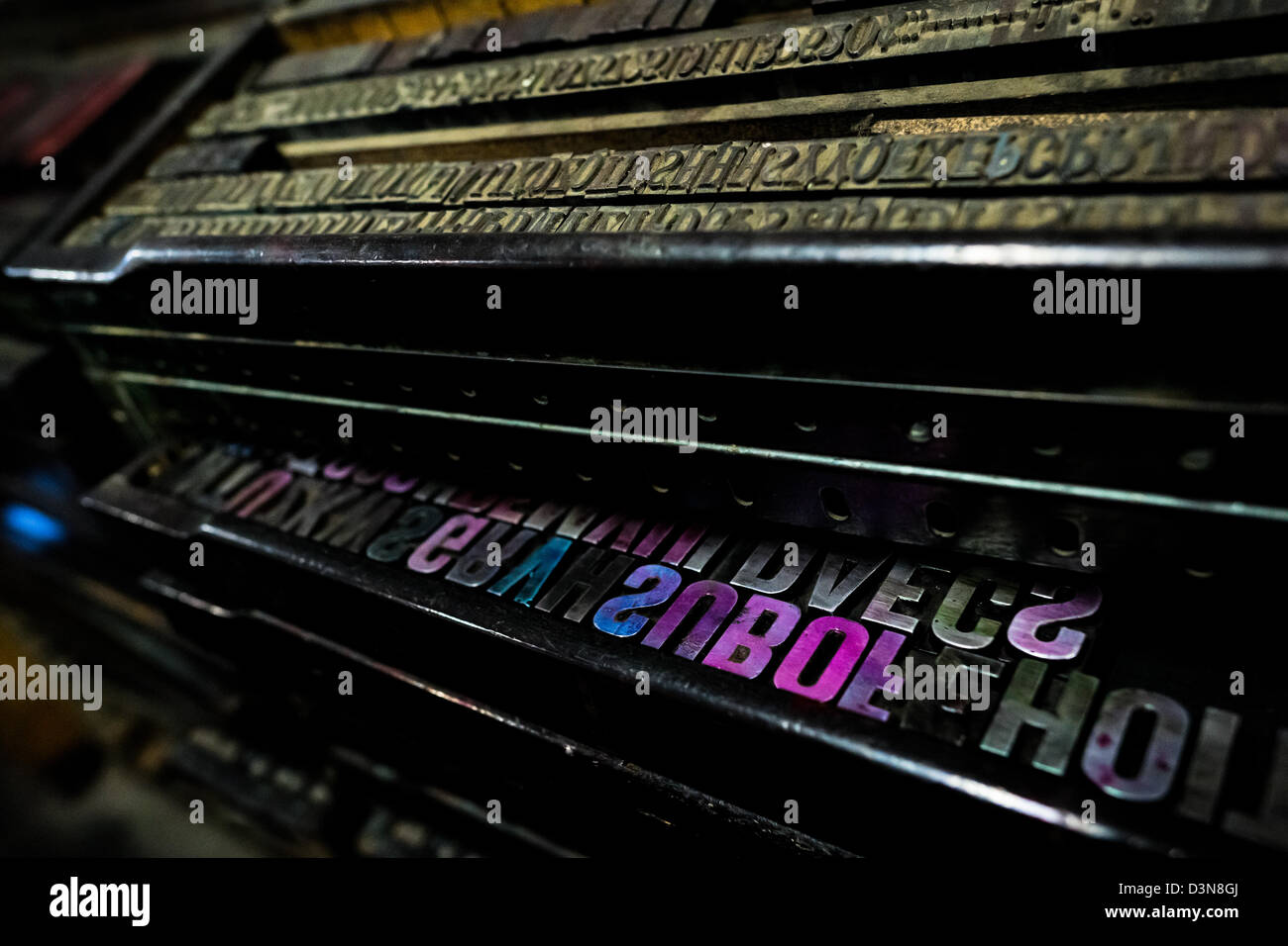 Letterpress types, made of wood, placed in a tray in the vintage print shop in Cali, Colombia. Stock Photo