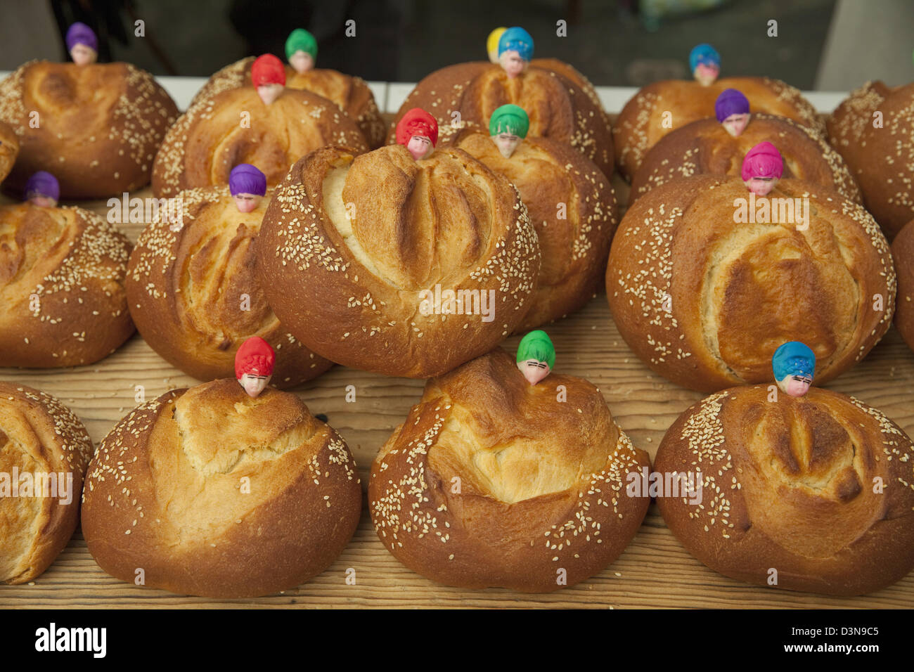 Loaves of freshly baked bread for Day of the Dead festival at market in Villa de Etla, Mexico. Stock Photo