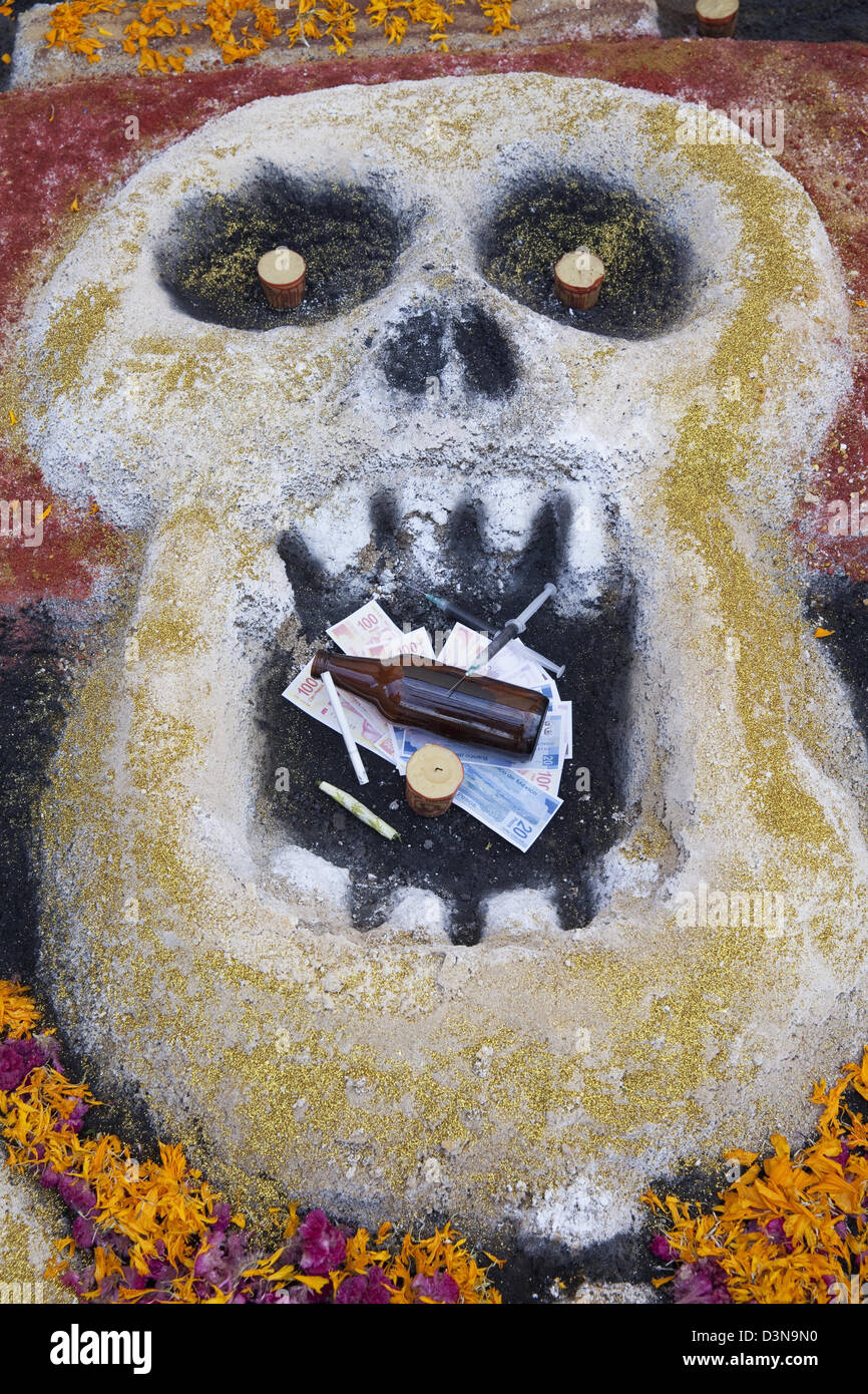 Sand painting of skull depicting some of the most common human vices