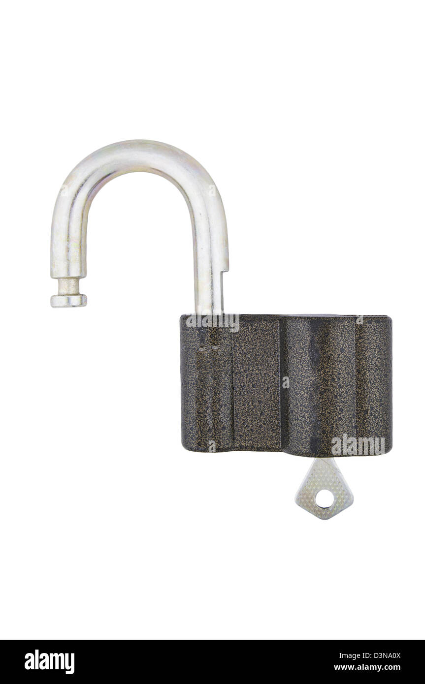 Open padlock with key, white background, clipping path Stock Photo - Alamy