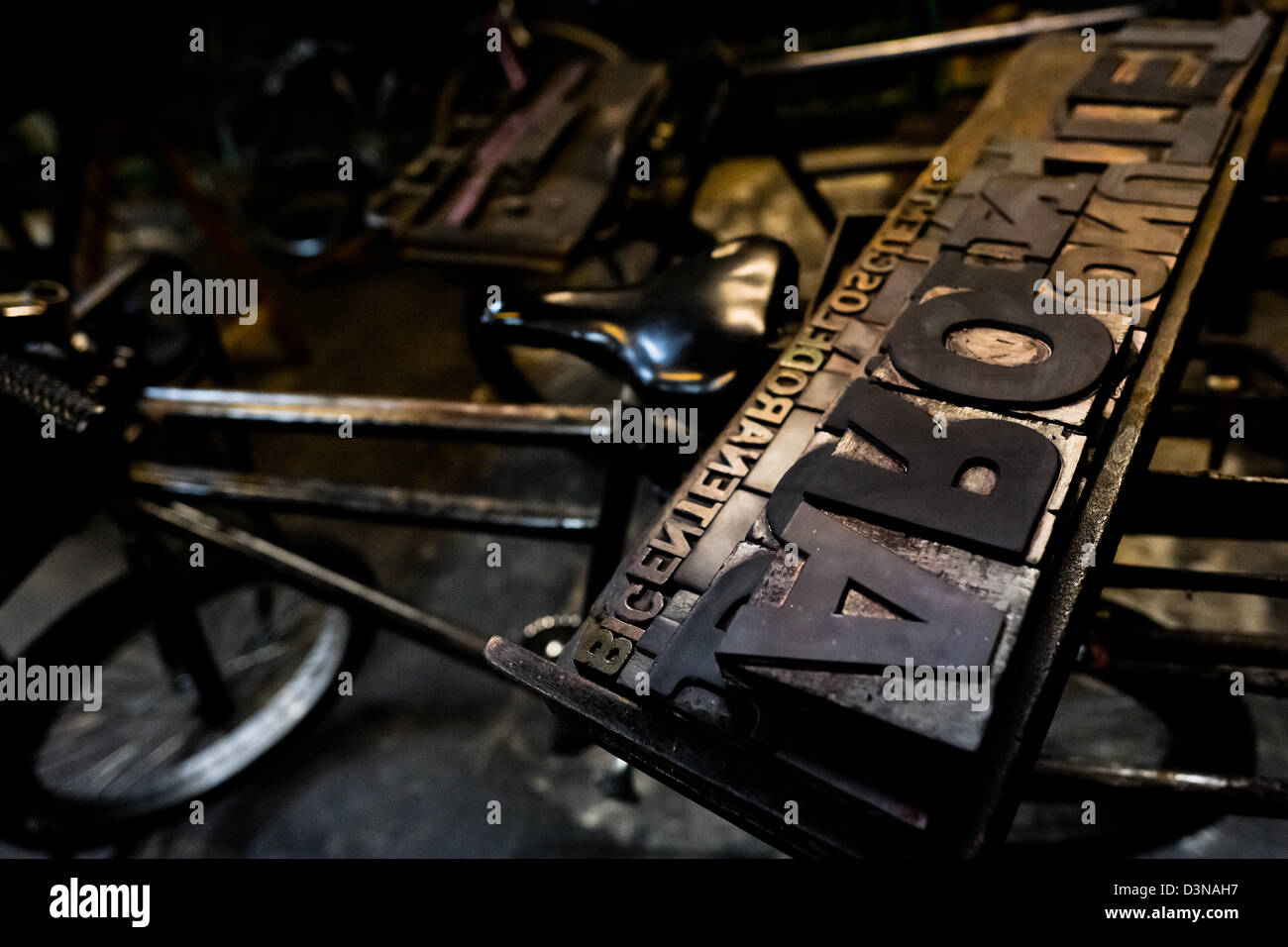Letterpress types, made of wood, placed in a tray in the vintage print shop in Cali, Colombia. Stock Photo