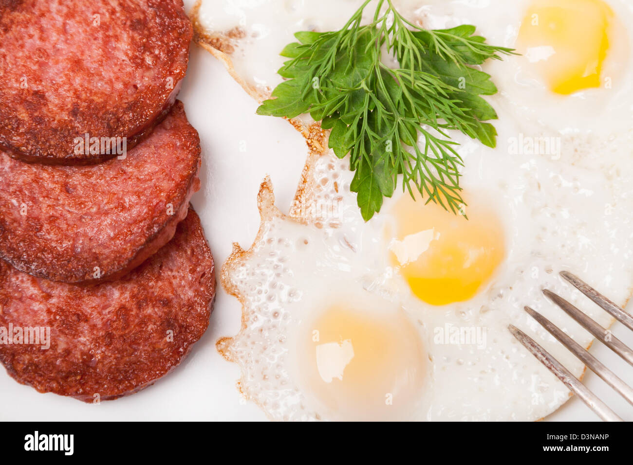 breakfast with fried eggs and sausage on white plate Stock Photo - Alamy