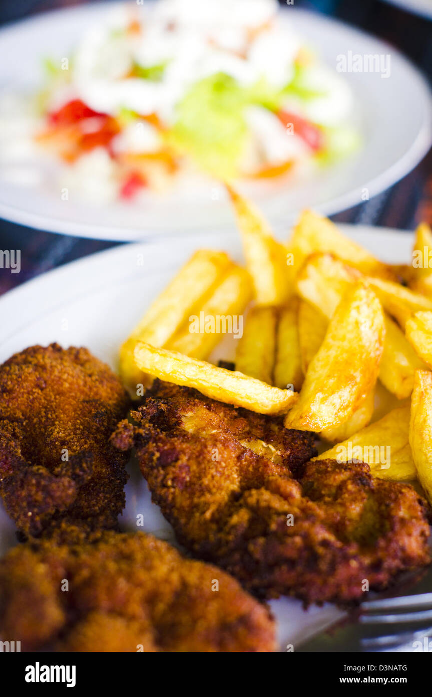 oily fried food, unhealthy food. overfried chicken with fries