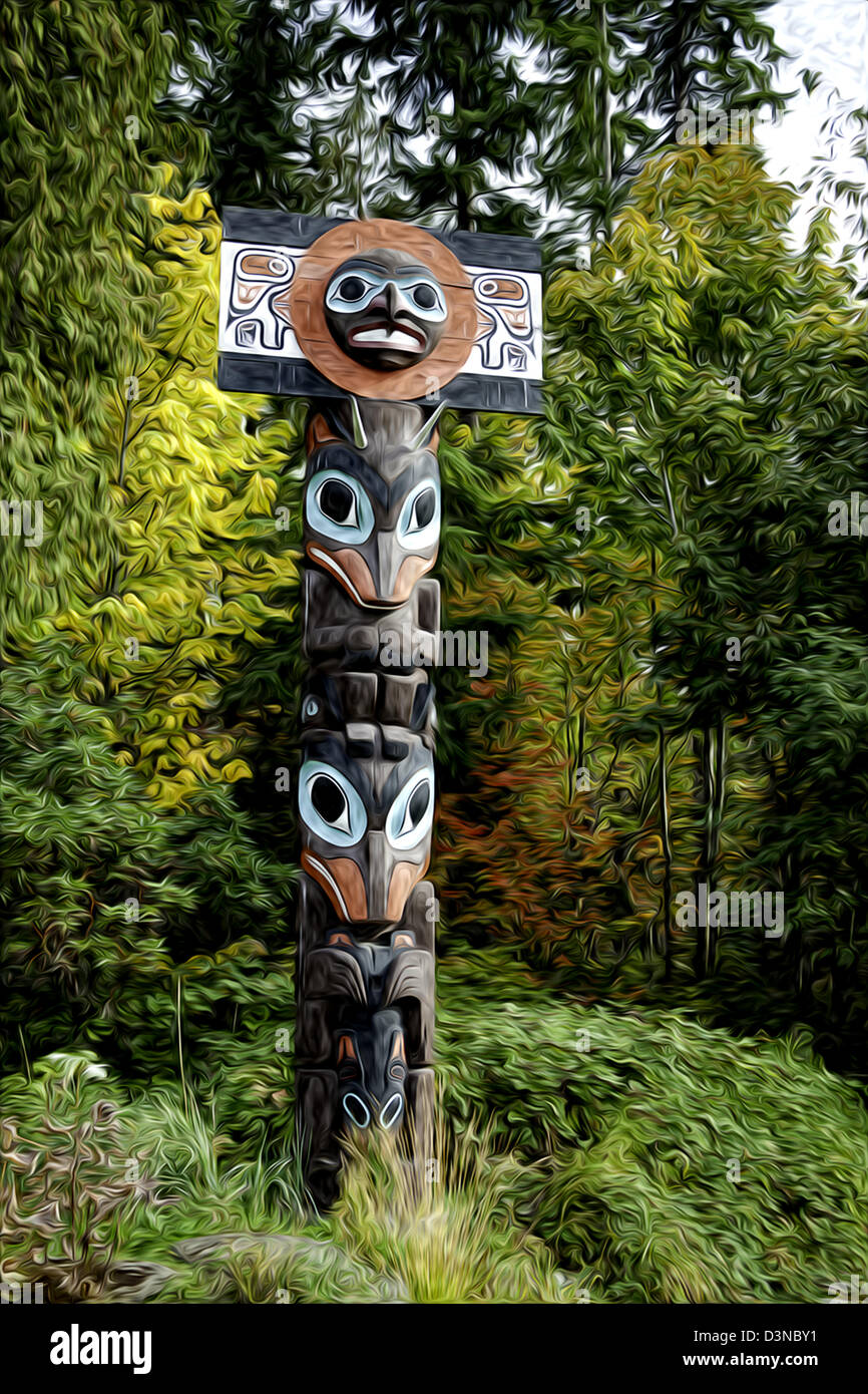 This image of a Pacific Westcoast Haida Indian totem pole has been rendered with an oil painting program. Vancouver, Canada. Stock Photo
