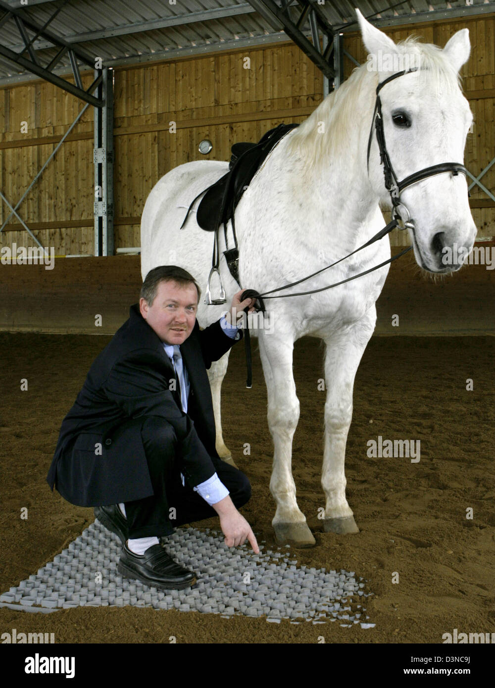 The head of Otto sport- and horse riding fields construction Ltd., Werner Otto, points on a horse mat in the company's headquarter in Altdorf near Nuremberg, Germany, 2 March 2006. 40 years ago Werner Otto began with the construction of tennis courts in Nuremberg and the surrounding area. Today the family business delivers patented special mats for horse riding courts and tournamen Stock Photo