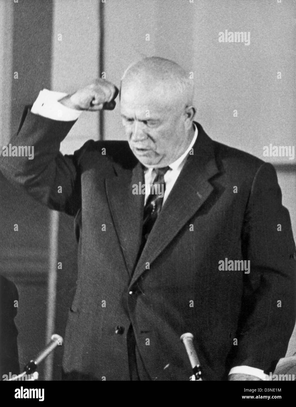 Soviet Prime Minister Nikita Khrushchev pictured during a press conference at Palais Chaillot in Paris, 18 May 1960. In the case of further border violations by American aeroplanes, he announced, the planes and their bases would be attacked. Photo: Otto Noecker Stock Photo