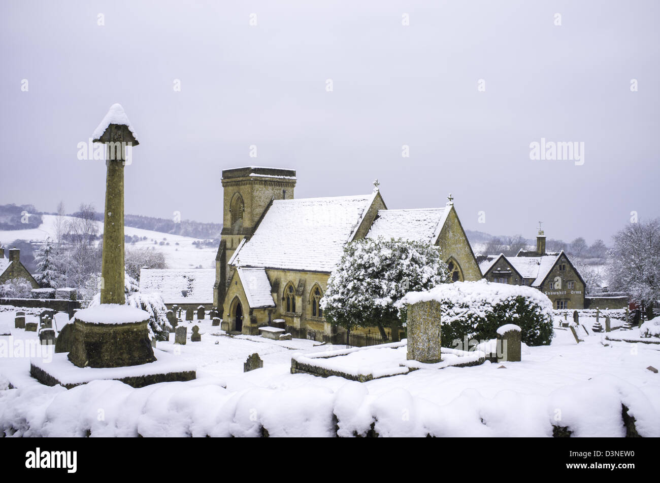 Wintertime at the Cotswold church of St. Barnabas, Snowshill, Gloucestershire, Cotswolds, England, UK Stock Photo