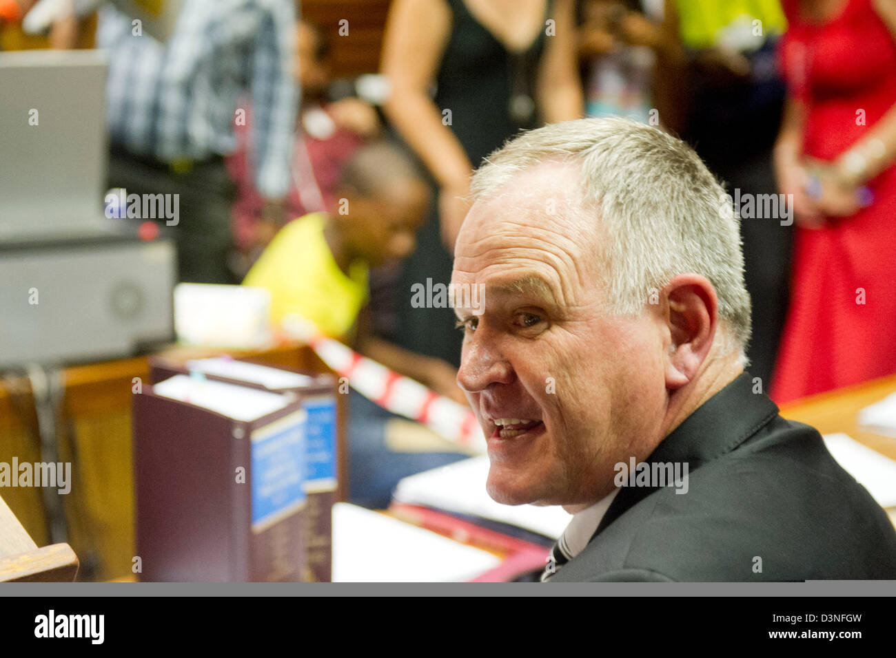 Pretoria, South Africa. February 21, 2013.Oscar Pistorius's legal representative, Advocate Barry Roux,  in the Pretoria Magistrate Court during Pistorius's bail hearing . Oscar Pistorius, who has been charged with the murder after he allegedly shot dead his girlfriend Reeva Steenkamp at his home in Silver Woods last Thursday, is appearing in court today for his bail hearing. Photo by Gallo Images /Foto24 / Deaan Vivier/Alamy Live News Stock Photo