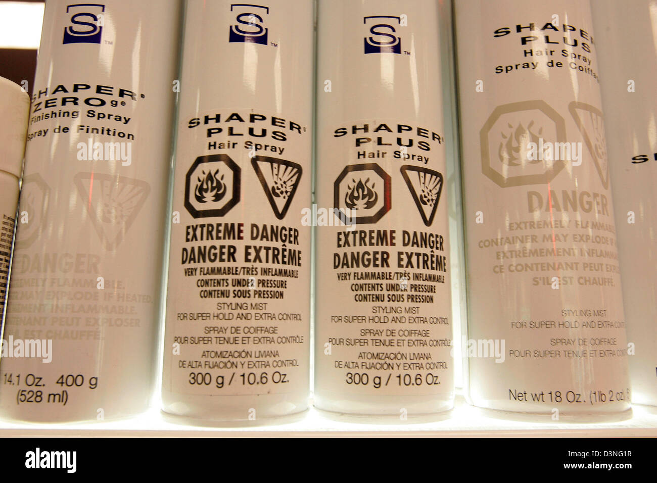 Hair spray with huge danger signs (very flammable and explosive