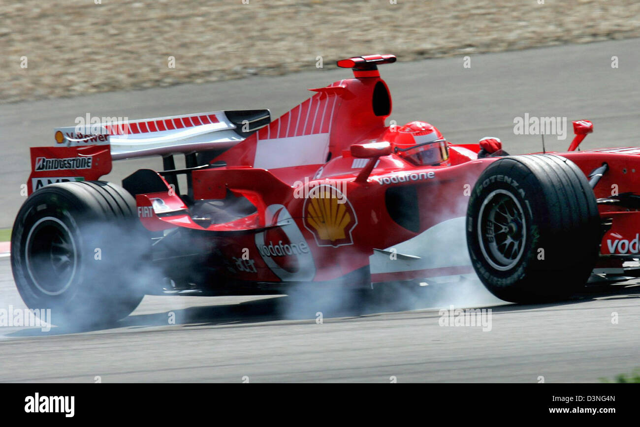 German Formula One pilot Michael Schumacher of Scuderia Ferrari F1 misses  the Dunlop Kehre brake point during the third practice session at the 2006  FORMULA 1 Grand Prix of Europe at the