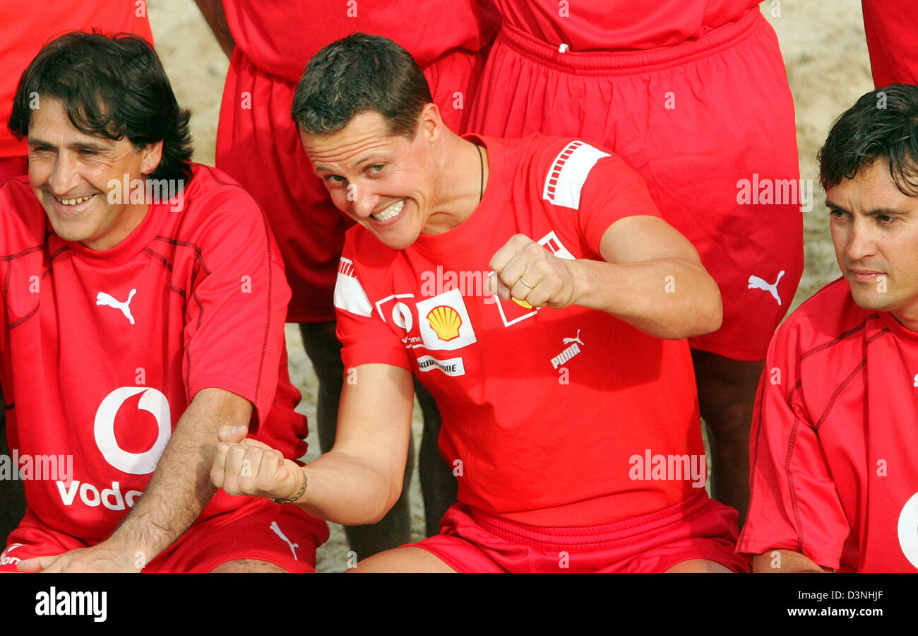 German Formula One driver Michael Schumacher of Scuderia Ferrari F1 team jokes prior to a beach soccer match at the race track Circuit de Catalunya in Montmelo near Barcelona, Spain, Thursday 11 May 2006. The Grand Prix of Spain takes place on Sunday. Photo: Gero Breloer Stock Photo