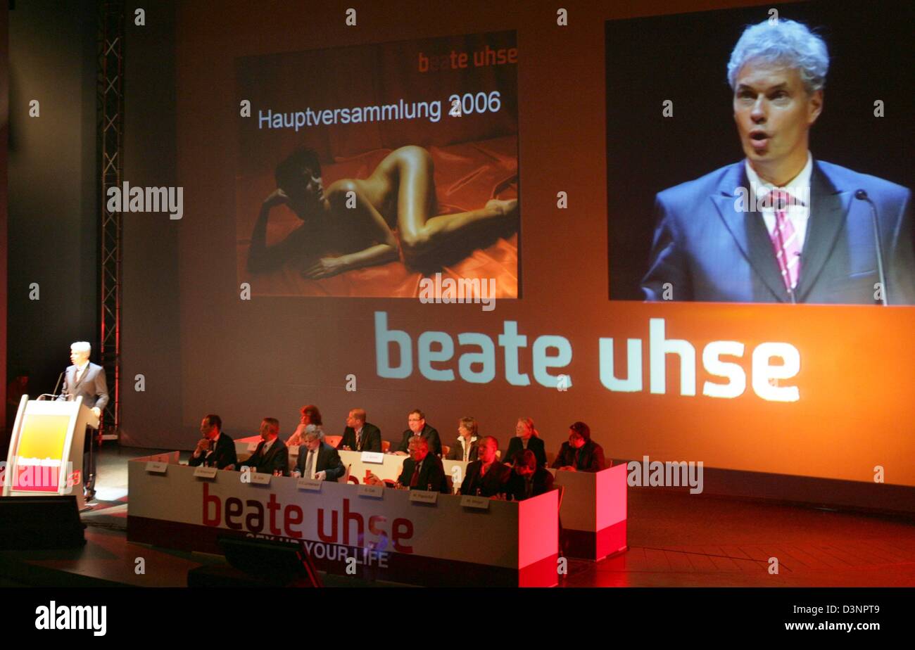 Otto Christian Lindemann (L), CEO of German erotic company Beate Uhse AG,  speaks at the general meeting in Hamburg, Germany, Monday, 19 June 2006.  The distributor of erotic articles is confident of