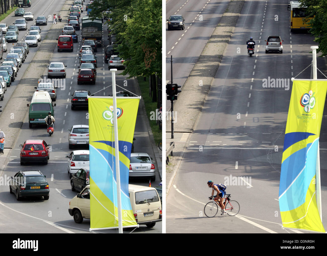 A combo of two pictures shows the street 'Hofjaegerallee' at 15.45 (L) and 30 minutes later (R) during the FIFA World Cup 2006 soccer match Germany vs Ecuador, seen from the 'Siegessäule' in Berlin, Germany, Tuesday, 20 June 2006. Photo: Gero Breloer Stock Photo
