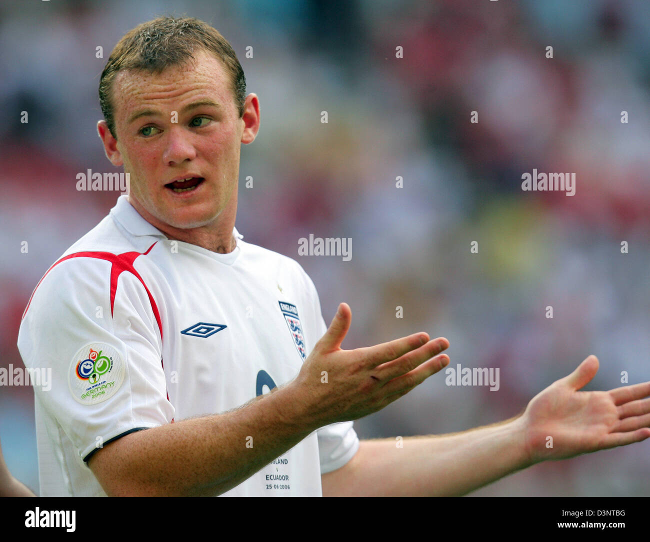 England national soccer player Wayne Rooney from Manchester United  gestures during the FIFA World Cup 2006 second round match against Ecuador in Stuttgart, Germany, Sunday, 25 June 2006. England advanced to the quarter-finals with a 1-0 victory. Photo: Arne Dedert Stock Photo