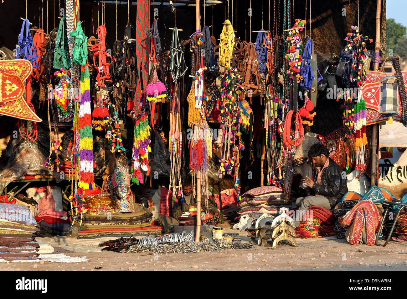 A stall full of camel paraphernalia at cattle fair in western Indian town of Nagaur, in Rajasthan state. Stock Photo