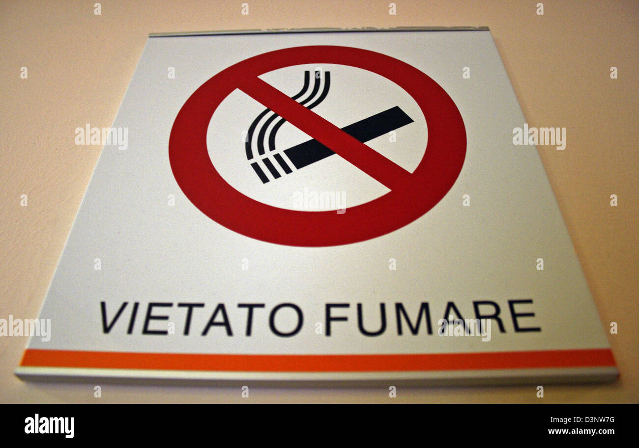 (dpa file) - The picture shows a no-smoking-sign in Italy, 8 January 2006. More than 500,000 Italians quit smoking one year after the enacting of a strict smoking ban in bars, restaurants and many public places. At the same time cigarettes sales declined by six percent announced the Italian Ministry of Health. Photo: Lars Halbauer Stock Photo