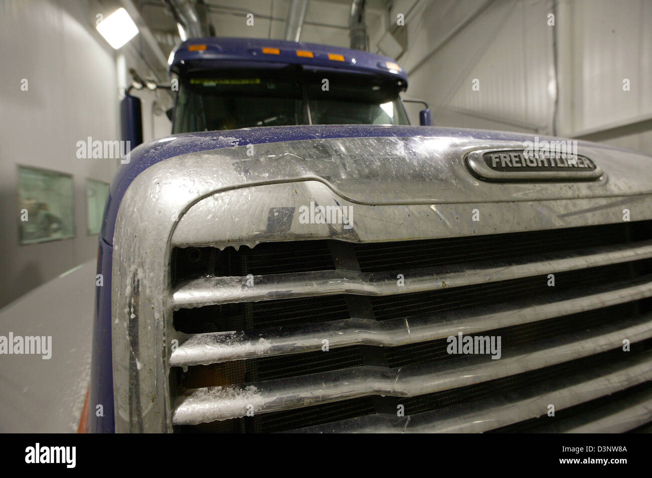 A Freightliner truck photographed in a climate chamber at minus 40