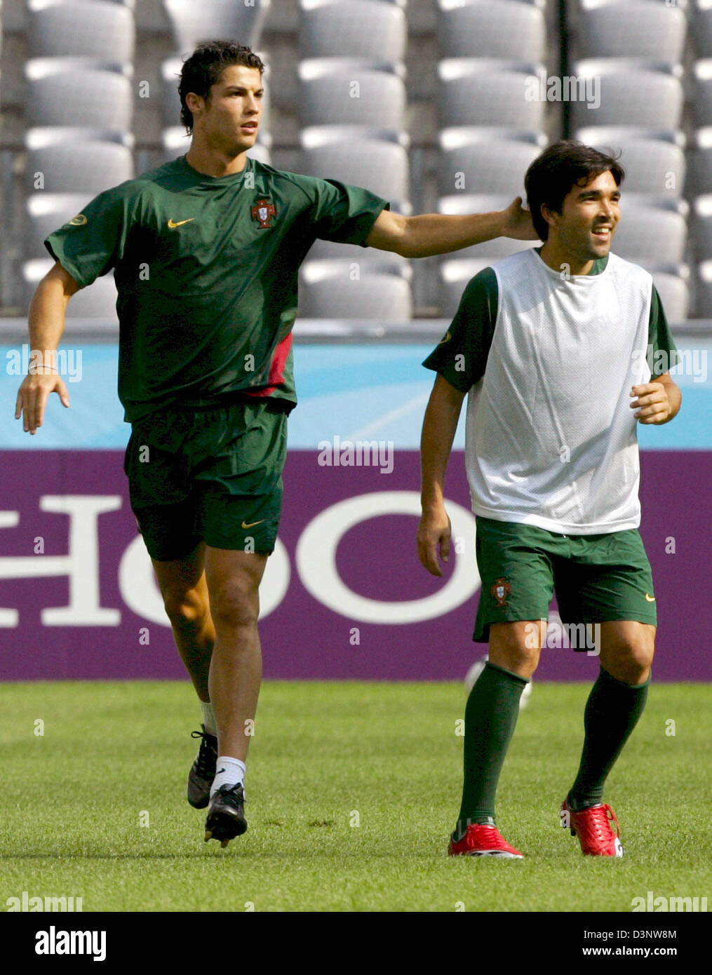 Portugal's Cristiano Ronaldo (L) and Deco shown during a training session at the FIFA World Cup Stadium in Munich, Germany, Tuesday, 4 July 2006. Portugal will play against France in the semi final of the FIFA World Cup on Wednesday in Munich. Photo: MATTHIAS SCHRADER +++ Mobile Services OUT +++ Please refer to FIFA's Terms and Conditions. Stock Photo