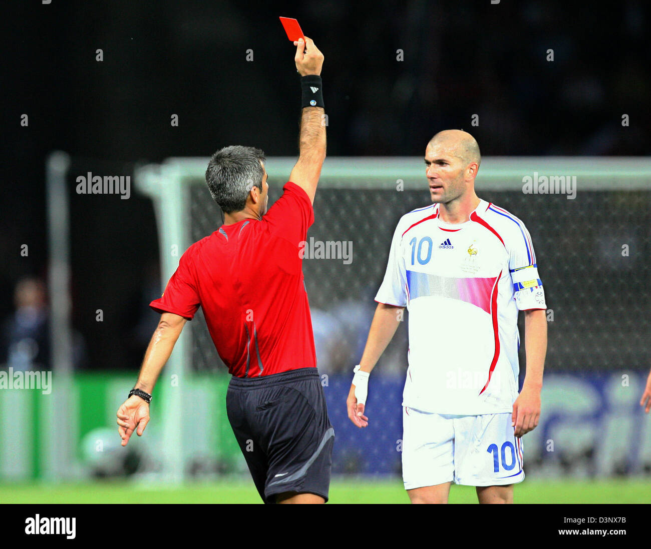Zinedine Zidane from France is shown the red card by referee Horazio  Elizondo during the final of the 2006 FIFA World Cup between Italy and  France at the Olympic Stadium in Berlin,