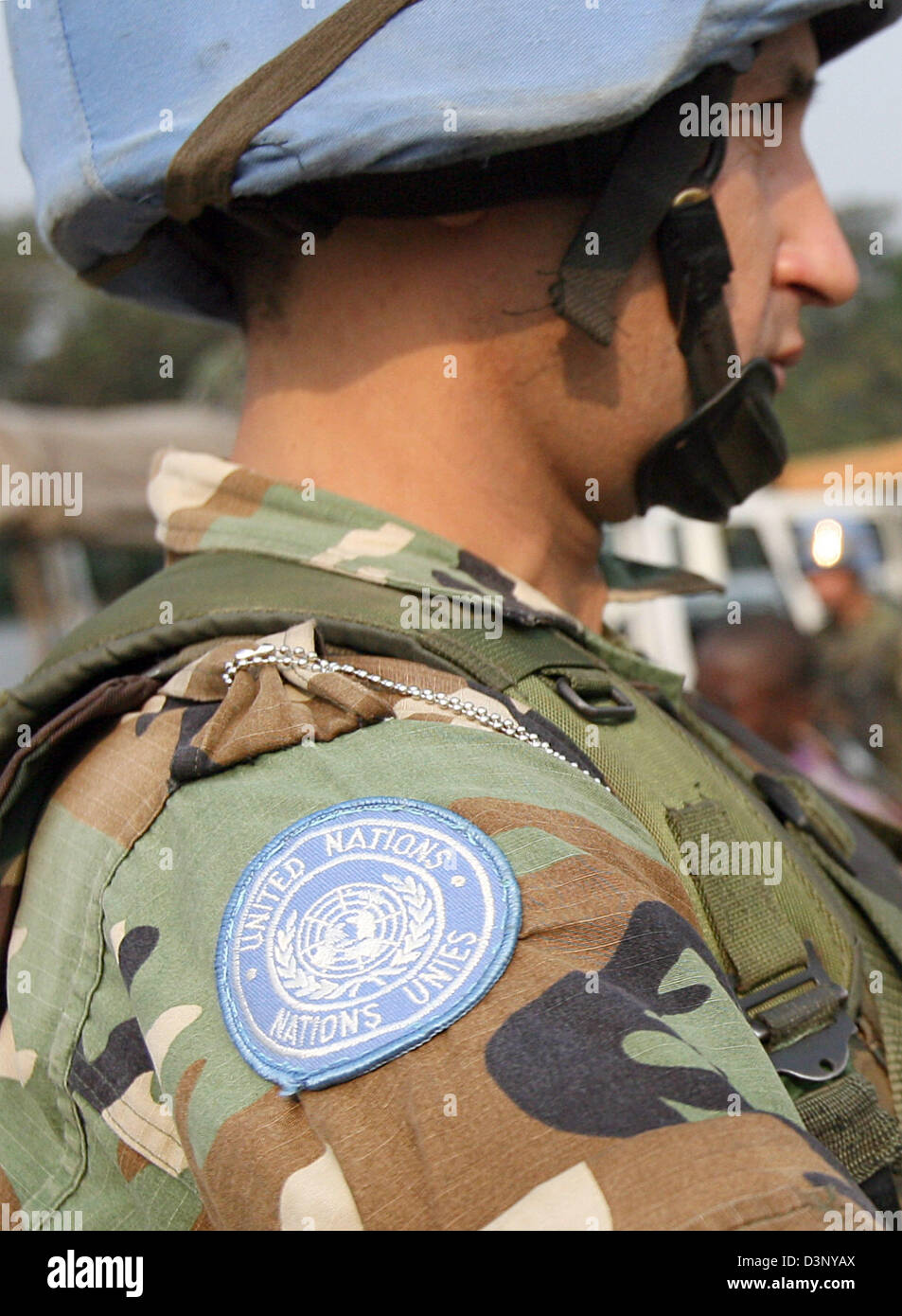 A UN soldier from Paraguay belonging to the UN force 'Monuc' patrols Kinshasa, DR Congo, Friday, 14 July 2006. UN General Secretary Kofi Annan expects specific European contributions to a peace keeping force in the Middle East. A real contribution would be to send 'blue helmet' forces, Annan said. Photo: Maurizio Gambarini Stock Photo