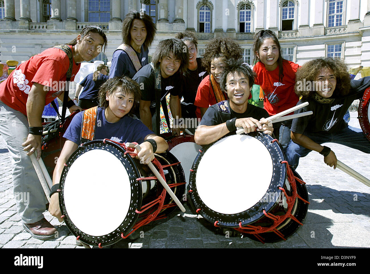 The group 'Yamato The Drummers of Japan' poses at Bebelplatzsquare in Berlin, Germany