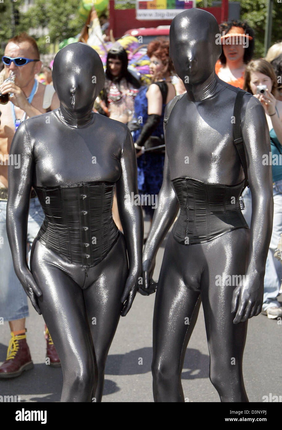Two participants of the Christopher Street Day (CSD) dressed up in whole  body suits at the Kurfuerstendamm in Berlin, Germany, Saturday, 22 July  2006. Gays and lesbians remember the police raids against