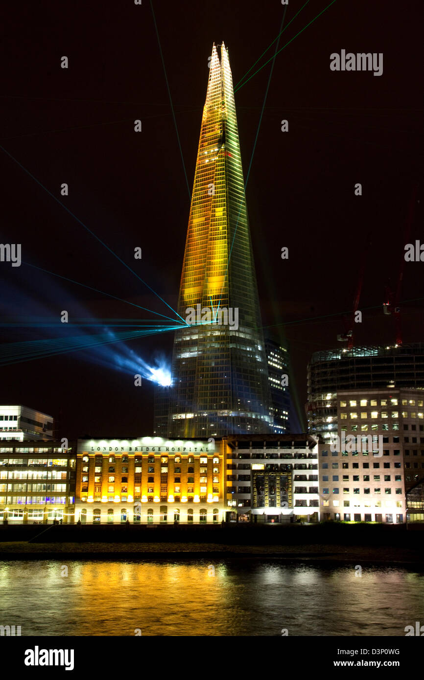 Shard laser show July 5th 2012 Designed by Architect Renzo Piano Stock Photo