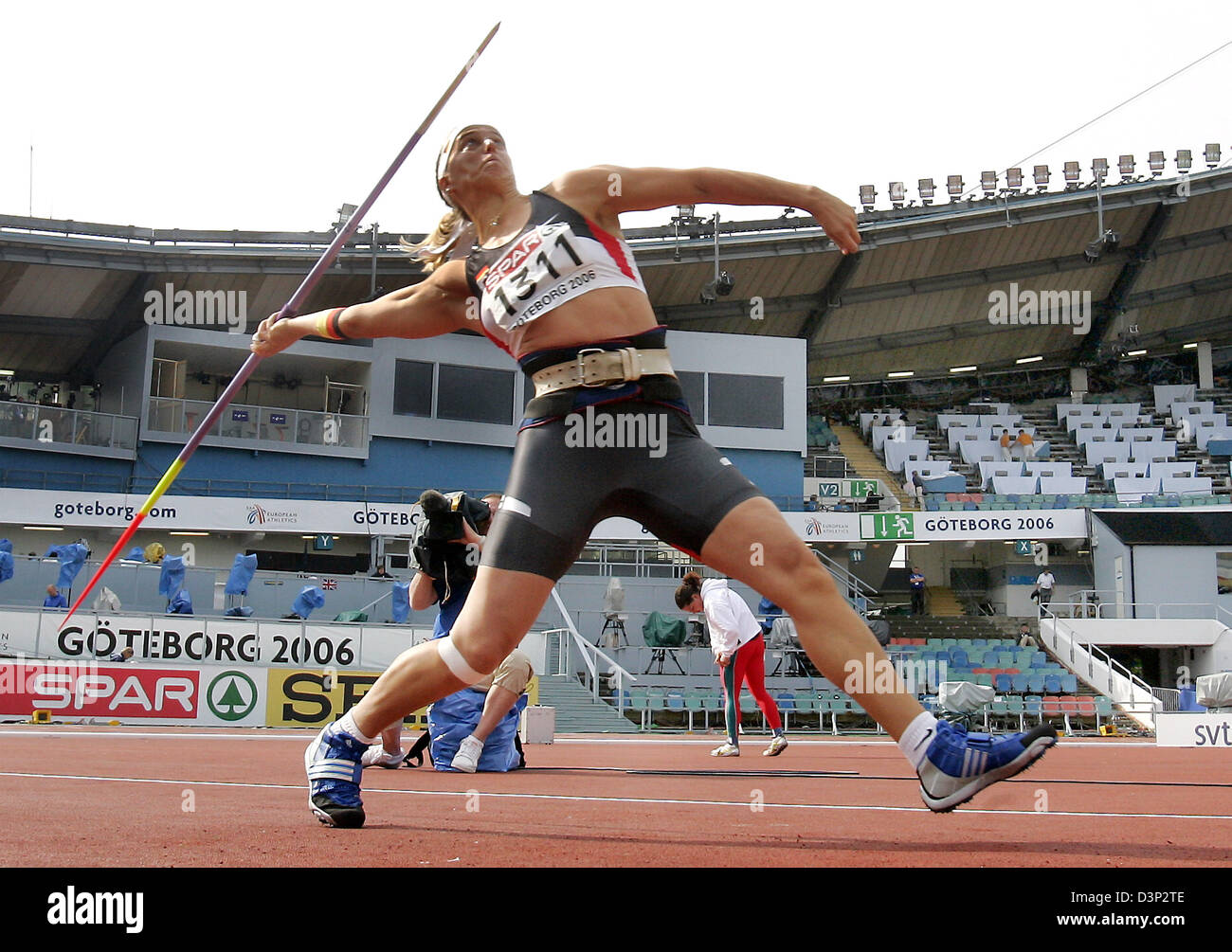 German athlete Stefi Nerius throws the javelin to 63.35 metres