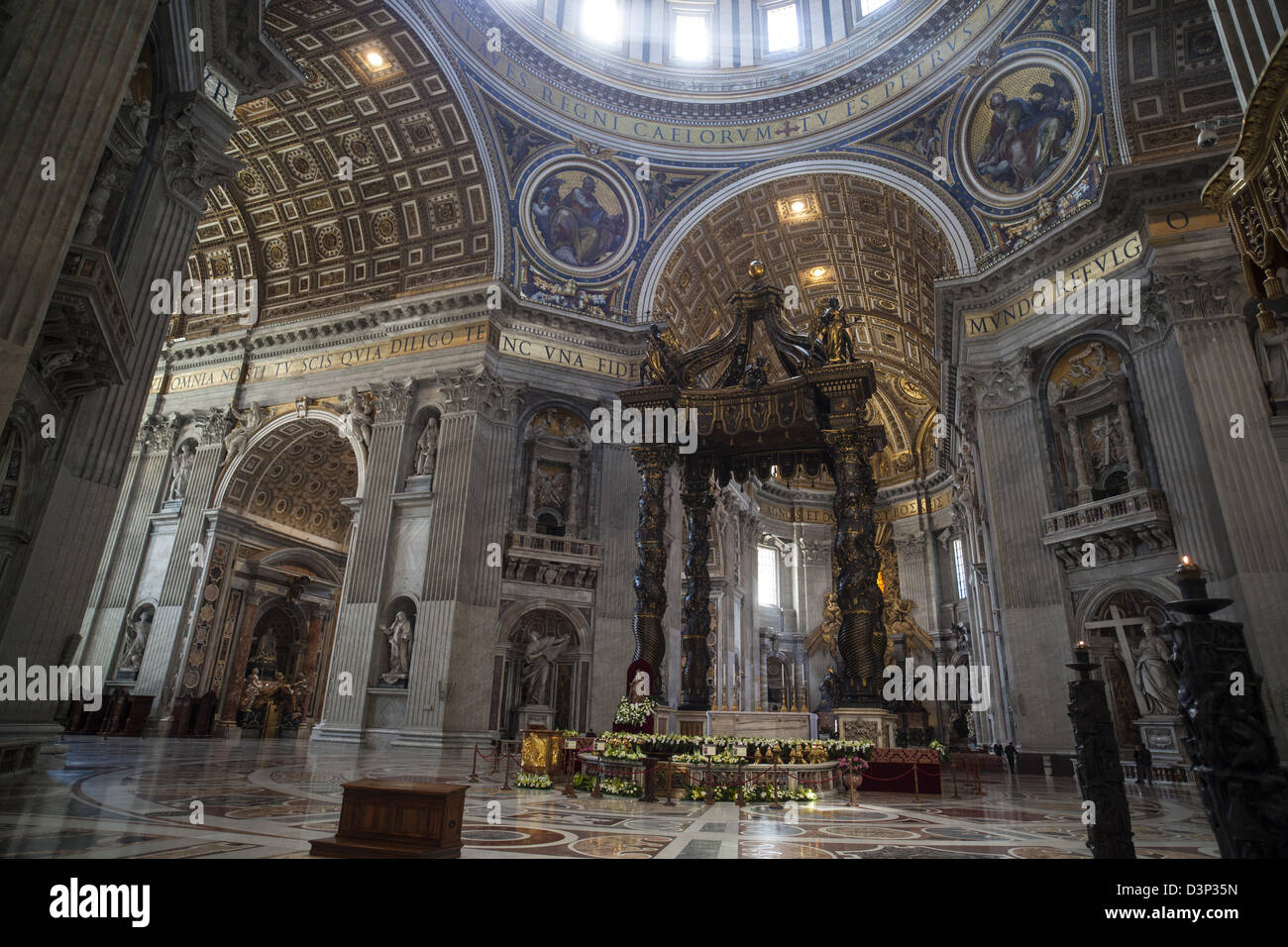 The Baldacchino  designed by Bernini the huge altar canopy with bronze columns in St Peter's Basilica in the Vatican Rome Stock Photo
