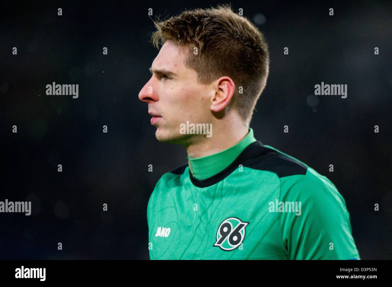 Hanover's goalkeeper Ron-Robert Zieler looks on during the UEFA Europa League round of 32 second leg soccer match between Hanover 96 and FC Anzhi Makhachkala at Hannover Arena in Hanover, Germany, 21 February 2013. Photo: Sebastian Kahnert/dpa Stock Photo