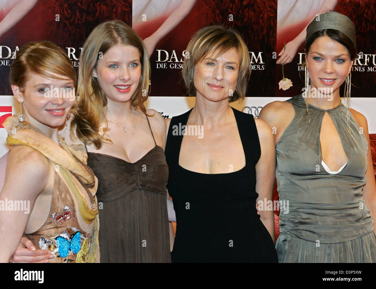 Actresses (L-R) Karoline Herfurth, Rachel Hurd-Wood, Corinna Harfouch und Jessica Schwarz stand together prior to the Berlin premiere of the film 'Perfume' at the 'Cinestar' cinema in Berlin, Friday, 8 September 2006. The film will be shown at German cinemas from 14 September onwards. Photo: Soeren Stache Stock Photo