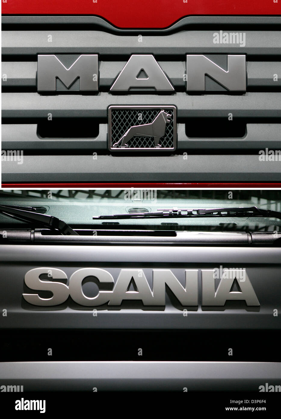 The photos show the company logos of 'SCANIA' and 'MAN' prior to the international automobile trade fair 'IAA Commercial Vehicles' on the compounds of the trade fair in Hanover, Germany, Monday, 18 September 2006. The Swedish company Scania rejected a take-over bid by its German competitor MAN on Monday. The IAA Commercial Vehicles will open from 21 to 28 September 2006. Photo: Rai Stock Photo