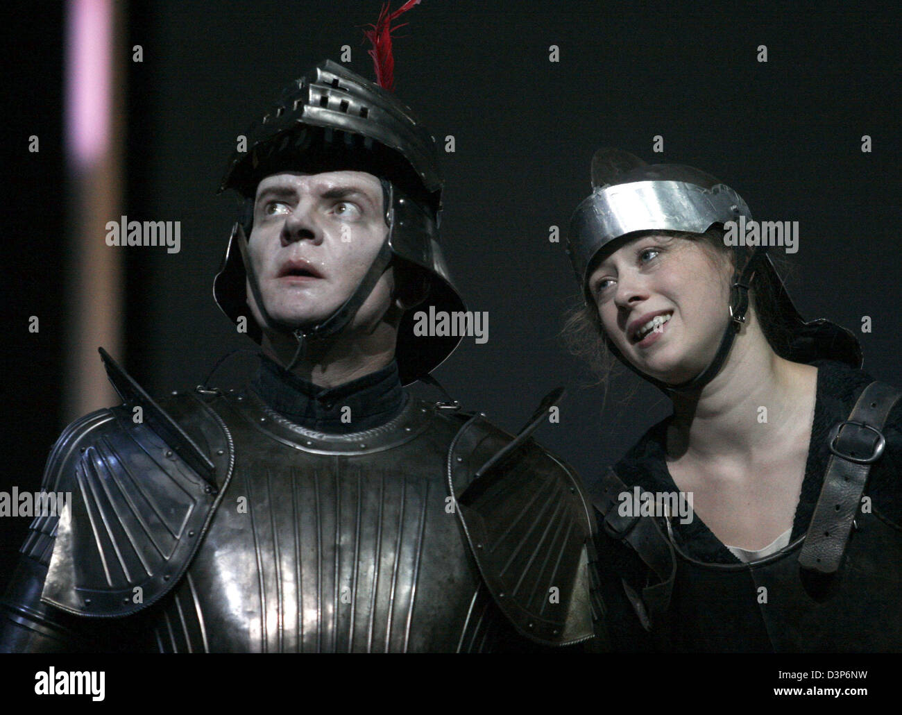Charlotte Mueller (R) as Joan d'Arc and Veit Schubert (L) as Count Philip pictured during the dress rehearsal of 'The Maid of Orelans' by Friedrich Schiller in Berlin, Germany, 13 September 2006. The staging of Claus Peymann premieres on 15 September 2006. Photo: Claudia Esch-Kenkel Stock Photo