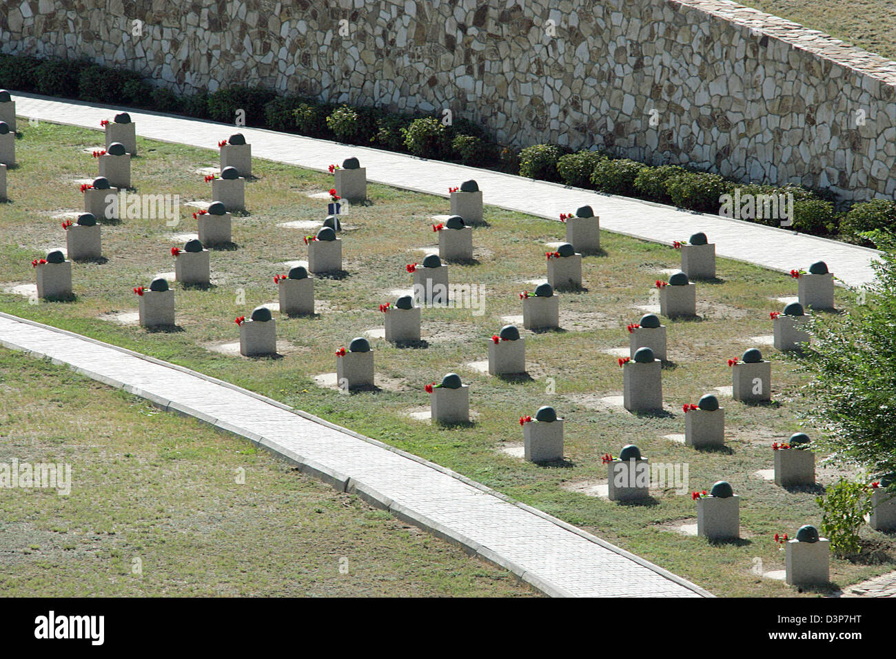 View on the military cemetary Rossoshka near Volgograd, Russia, 08 September 2006. The names of more than 100,000 WWII soldiers missing in action since the Battle of Stalingrad are engraved to the 107 granitic cubes. The memorial place constructed by the German war graves agency 'Voksbund Deutscher Kriegsgraeberfuersorge' has been inaugurated in the presence of Hans-Juergen Papier, Stock Photo