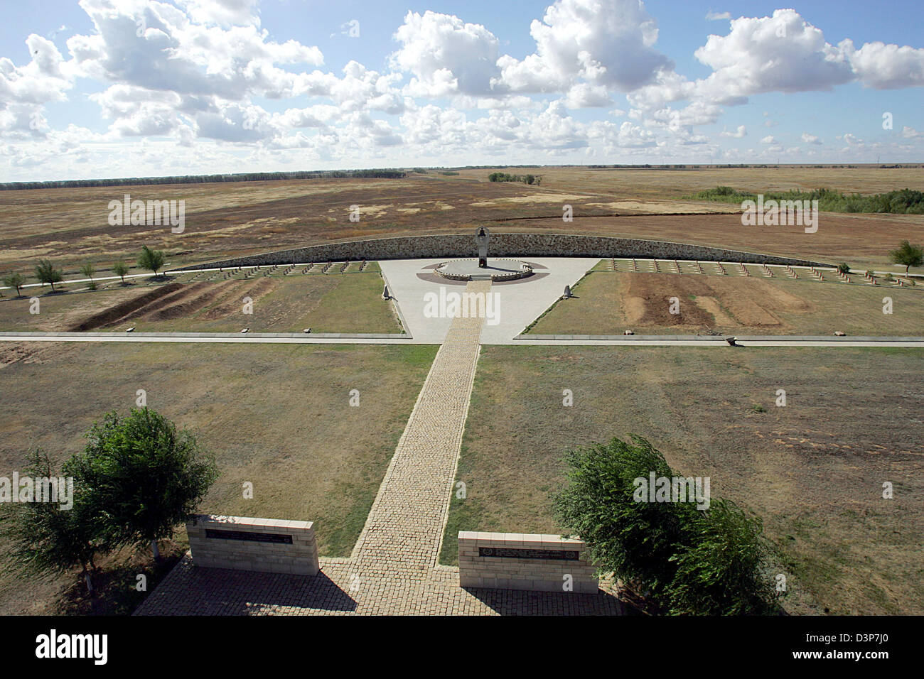View on the military cemetary Rossoshka near Volgograd, Russia, 08 September 2006. The names of more than 100,000 WWII soldiers missing in action since the Battle of Stalingrad are engraved to the 107 granitic cubes. The memorial place constructed by the German war graves agency 'Voksbund Deutscher Kriegsgraeberfuersorge' has been inaugurated in the presence of Hans-Juergen Papier, Stock Photo